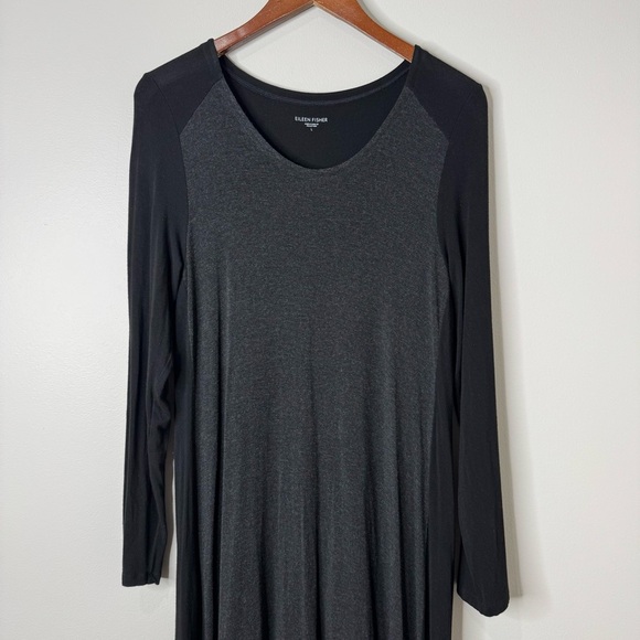 Eileen Fisher Black & Gray Color Block Long Sleeve Stretch Jersey Midi Dress‎ L - Picture 2 of 11
